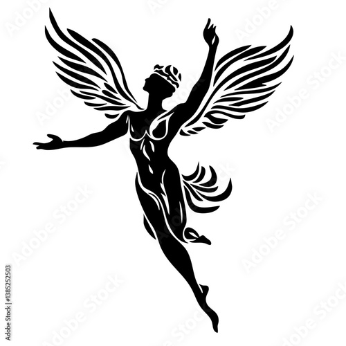 Elegant black vector of a graceful angel with magnificent wings in mid-flight, embodying freedom and ethereal beauty, showcasing artful design in a striking silhouette