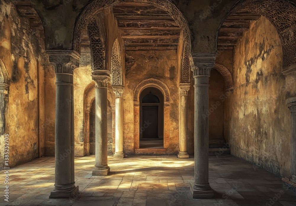 Fototapeta premium Abandoned Ancient Hall with Arched Columns and Soft Ambient Light