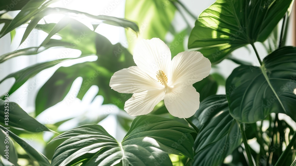 Obraz premium White flower in lush foliage, bright sun. Indoor plant display, home decor