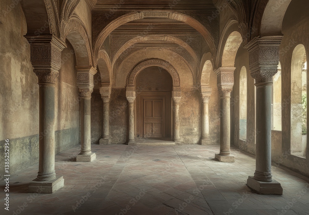 Interior of Historic Architectural Space with Arched Columns and Walls Interior of Historic Architectural Space with Arched Columns and Walls
