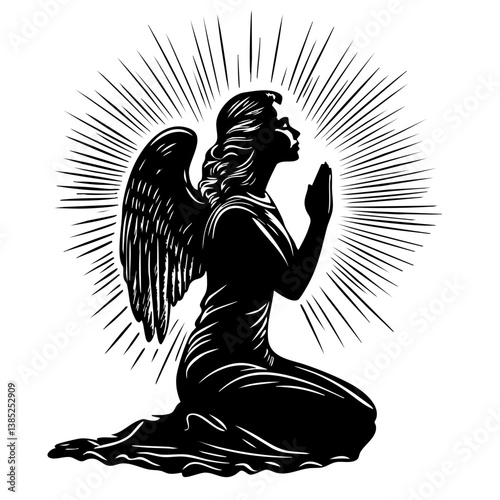 Kneeling angel in prayer with flowing hair and outstretched wings, embodying tranquility and devotion