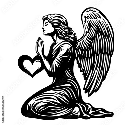 Praying angel with a heart in a kneeling position showcasing devotion and love, symbolizing faith and spirituality in a timeless design