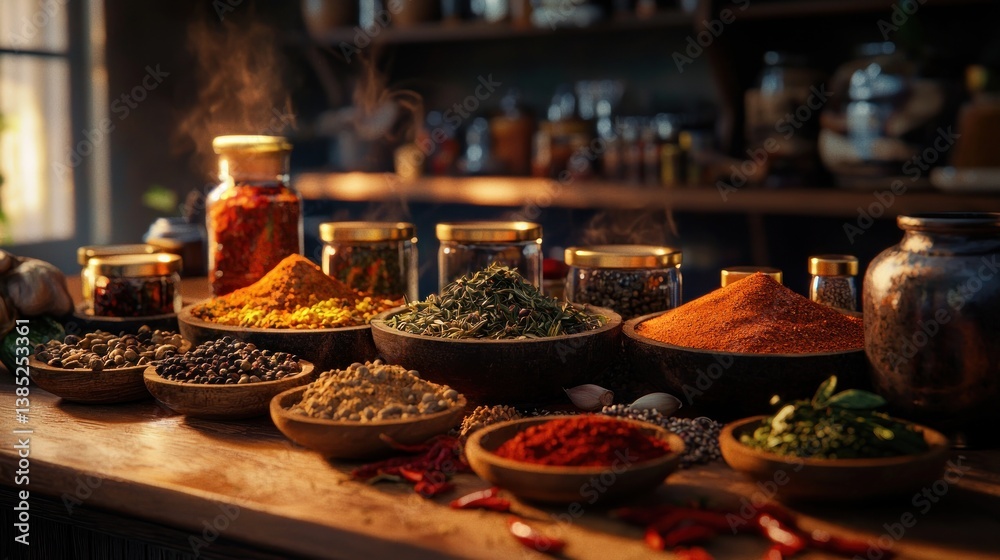 Aromatic spices in bowls and jars on wooden table. Aromatic spices in bowls and jars on wooden table.