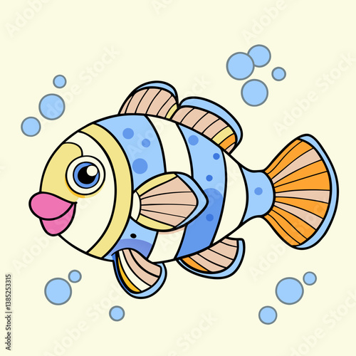 A cheerful cartoon clownfish swims playfully in a light beige ocean, surrounded by bubbles, exhibiting vibrant blue, orange, and cream colors.