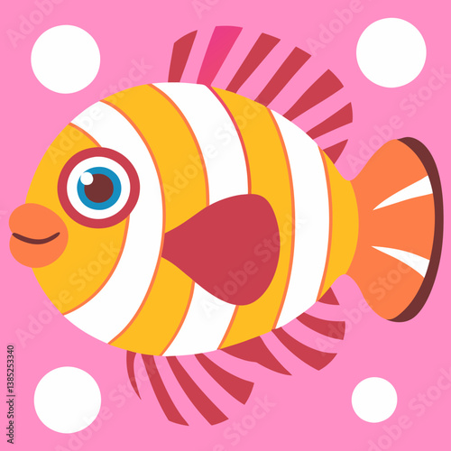 A cheerful cartoon clownfish swims playfully in a vibrant pink ocean, its bright orange and white stripes contrasting beautifully against the soft background.