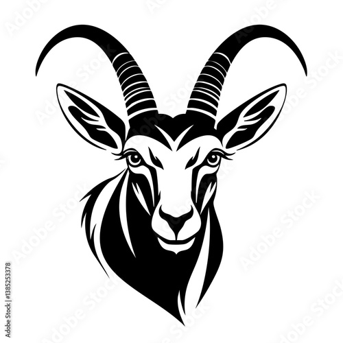 Unique design of a black vector goat head with intricate details and stylized horns exhibiting strength and grace in a minimalist style