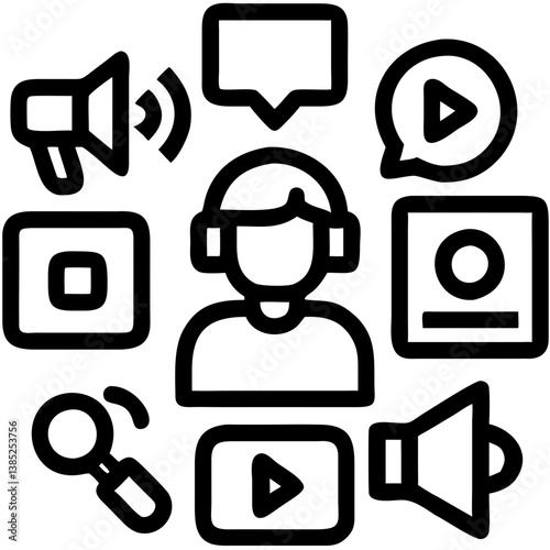 A person at the center of a vibrant communication network, actively engaging with diverse media, showcasing a dynamic blend of audio and video content through bold lines and simple shapes.
