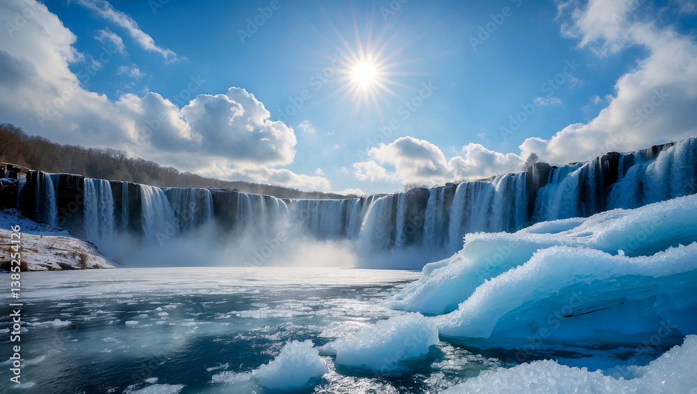 Fototapeta premium Frozen waterfall under bright sunlit blue sky