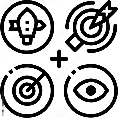 Achieving strategic goals with pinpoint accuracy, insightful vision, and targeted action, using bold black line art icons.