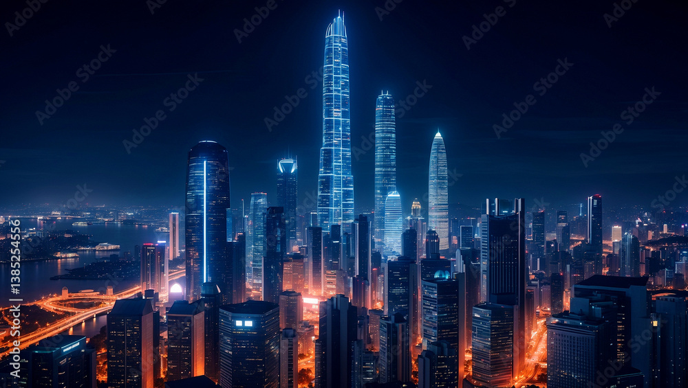 Fototapeta premium Futuristic night skyline with vibrant city lights