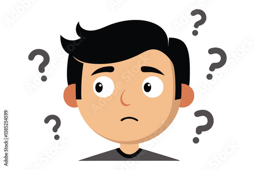 Cartoon Man with Confused Expression and Question Marks on a Transparent Background