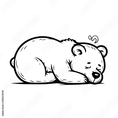 Cute and cuddly bear design in a resting pose, showcasing comfort and tranquility with fine black vector lines for an adorable aesthetic