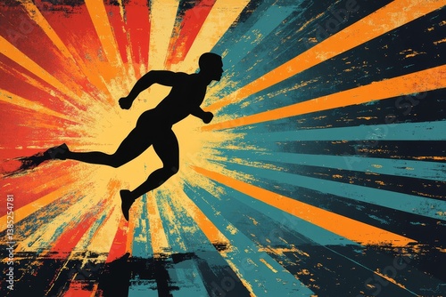 Sprinting man  silhouette. Sprint, fast run. Runner starts running. Start. Vintage Striped Backgrounds, Posters, Banner Samples, Retro Colors from the 1970s 1980s, 70s, 80s, 90s. retro, Generative AI