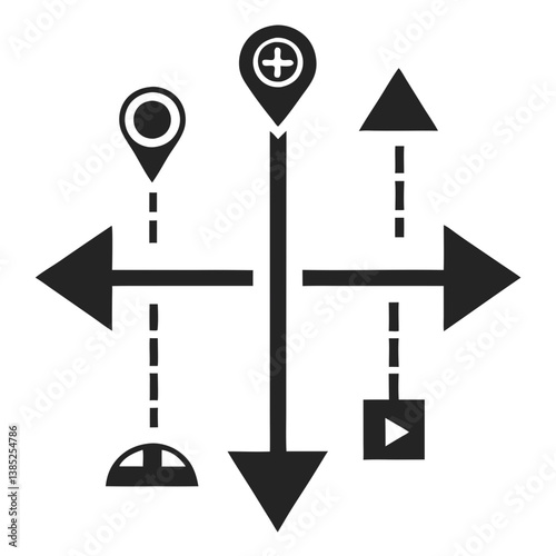 Navigating life's crossroads, exploring multiple paths and destinations with a bold, decisive central route and various symbolic waypoints using a minimalist black and white design.