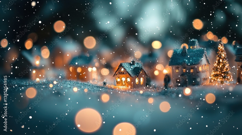 Enchanting winter village scene with snow, lights, and cozy houses. Enchanting winter village scene with snow, lights, and cozy houses.
