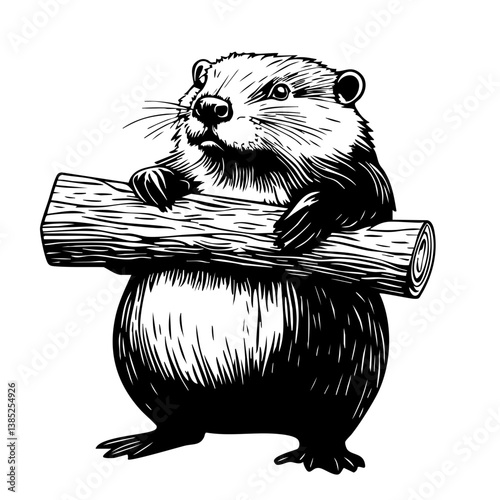 Illustration of a beaver holding a log in a playful manner, showcasing its natural behavior and environment in a detailed vector design