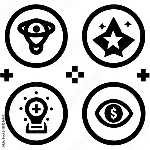 Unlocking potential, achieving stardom, and gaining insightful financial vision, a bold black and white icon design.