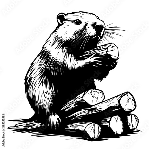Black vector illustration of a beaver holding wood with logs in its environment showcasing natural behavior