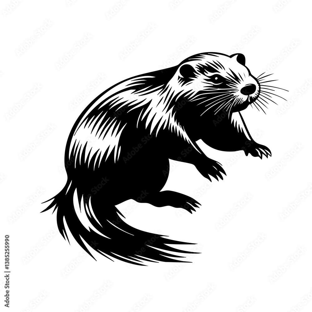 Design of a stylized black vector representation of a playful otter engaging in a lively pose, capturing its natural charm and whimsical character Design of a stylized black vector representation of a playful otter engaging in a lively pose, capturing its natural charm and whimsical character