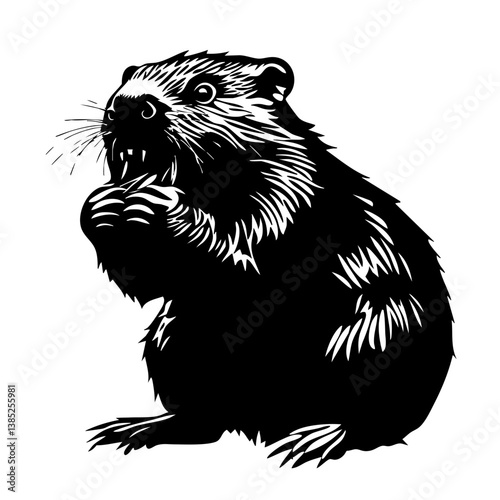 Detailed black vector design of a beaver in a natural posture, showcasing its distinct features and texture, emphasizing its role in the ecosystem and nature's artistry
