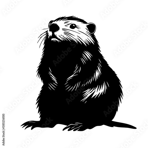 Detailed portrayal of a stylized black vector otter displaying curiosity and alertness during a calm moment in nature