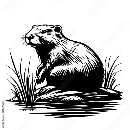 Vector illustration of a beaver sitting by the water's edge surrounded by tall grass in a natural habitat setting