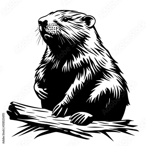 Black vector illustration of a beaver perched on a log with detailed fur texture and a thoughtful expression highlighting its natural charm