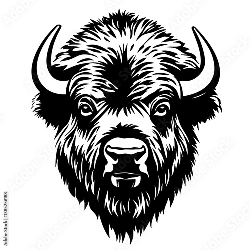 Buffalo head in striking black vector design highlighting its powerful features and detailed fur texture for artistic and graphic use