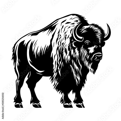 Strongly designed black vector of a bison showcasing its muscular build and distinctive horns in a powerful stance, perfect for wildlife-themed projects and designs
