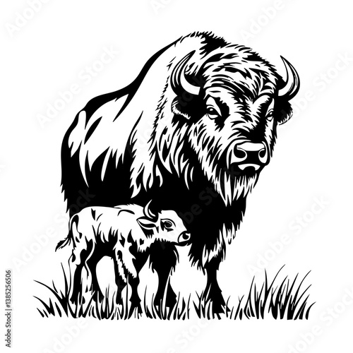 Mother bison stands protectively beside her calf in a natural setting conveying strength and nurturing bond