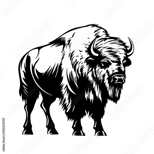 Bison silhouette design showcasing a detailed profile of a bison standing confidently on four legs, emphasizing the muscular build and shaggy fur of this majestic animal