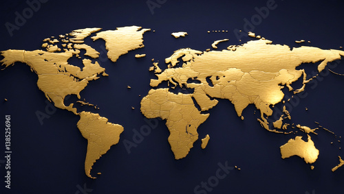 Gold colored world map on black background