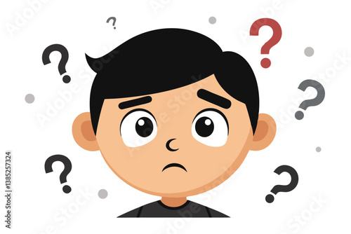 Confused Boy Cartoon With Question Marks Floating Against White Background