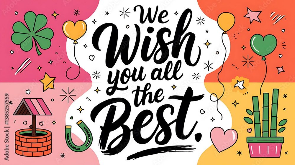 We Wish You All the Best calligraphy surrounded by festive illustrations like clover horseshoe balloons and wishing well on colorful panels.