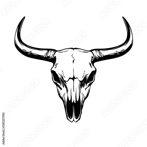 Black vector design of a bull skull featuring prominent horns, capturing the essence of rustic elegance and wilderness, perfect for various creative projects and art expressions