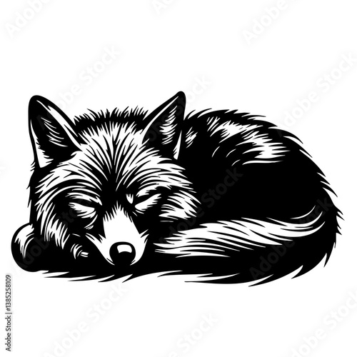 Sleeping fox curled up in a cozy position, showcasing detailed black vector design emphasizing its fur texture and serene expression