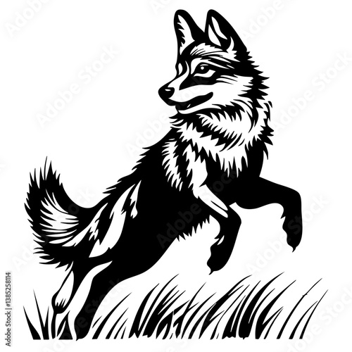 Black vector illustration of a leaping wolf in a natural setting, showcasing its agility and grace while capturing the essence of wilderness