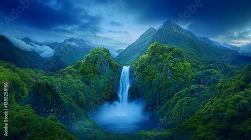 A twilight view of a waterfall in New Zealand, fireflies glowing in the surrounding rainforest