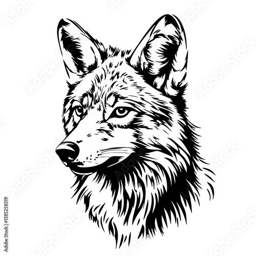 Stylized black vector wolf portrait showcasing intricate fur details and piercing gaze, emphasizing animal beauty and elegance in design