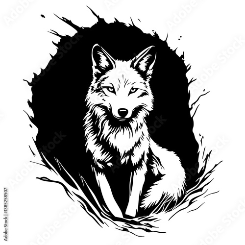 Stylized black vector illustration of a fox sitting confidently with sharp features and elegant fur details, showcasing its natural beauty and intrigue