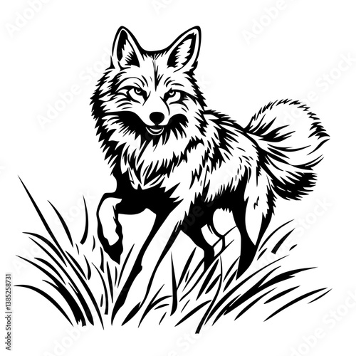 Design features a detailed black vector illustration of a fox amidst grass, showcasing its alert stance and bushy tail during a tranquil moment in nature
