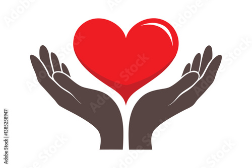Dark Hands Cupping Red Heart on White Support, Care, Love Concept