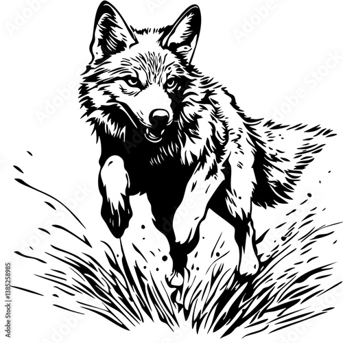 Dynamic black vector of a wolf running through tall grass at sunset, showcasing the beauty and power of wildlife in motion