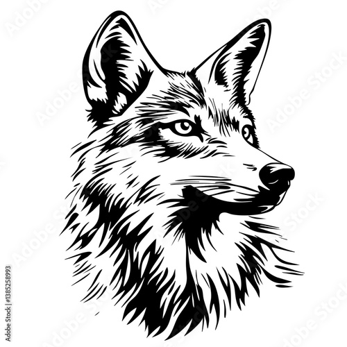 Wolf head vector design featuring detailed fur textures and expressive features, capturing the essence of the wild and majestic nature of wolves in a striking silhouette format