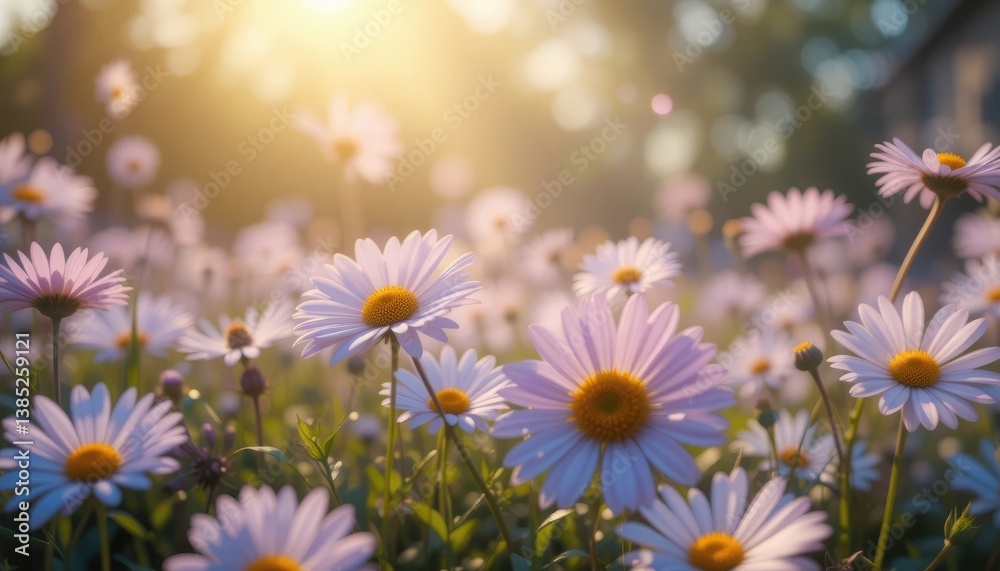 Fototapeta premium Daisy Field Blooming in Golden Sunlight Summer Meadow Scene