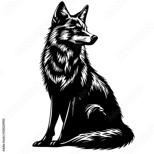 Stylized black vector illustration of a sitting fox with intricate fur details representing a graceful and cunning demeanor in a natural setting