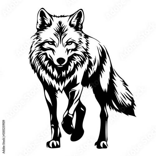 Stylish black vector design of a walking wolf showcasing its fierce nature and captivating features in a minimalist style focusing on details