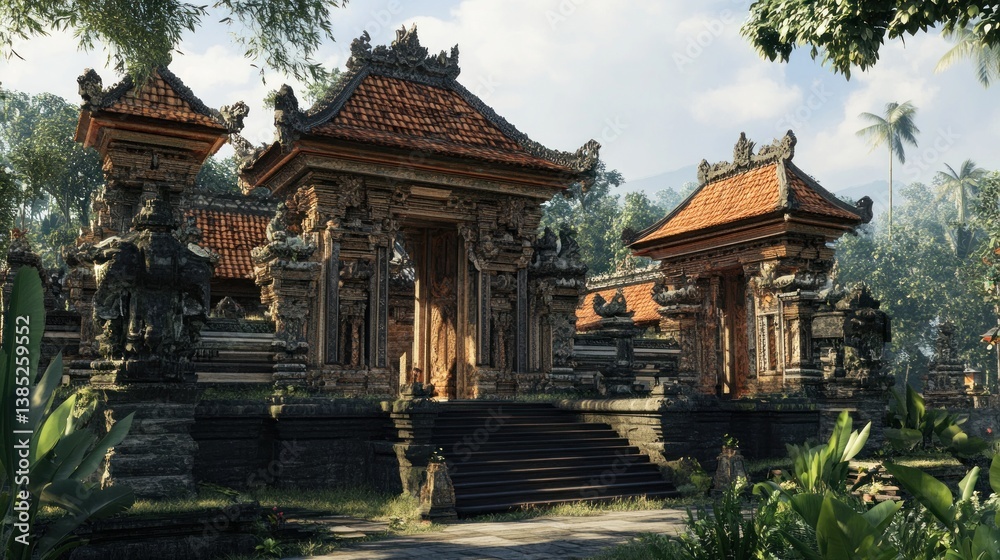 Balinese Temple Entrance, Jungle Setting, Sunny Day, Tourism Balinese Temple Entrance, Jungle Setting, Sunny Day, Tourism