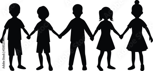 Diverse Children Silhouette Holding Hands with Transparent Background
