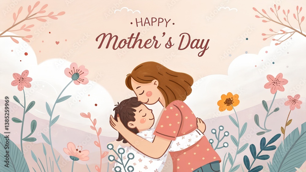 Tender Mother's Day Illustration: Mom Hugging Child Amidst Flowers